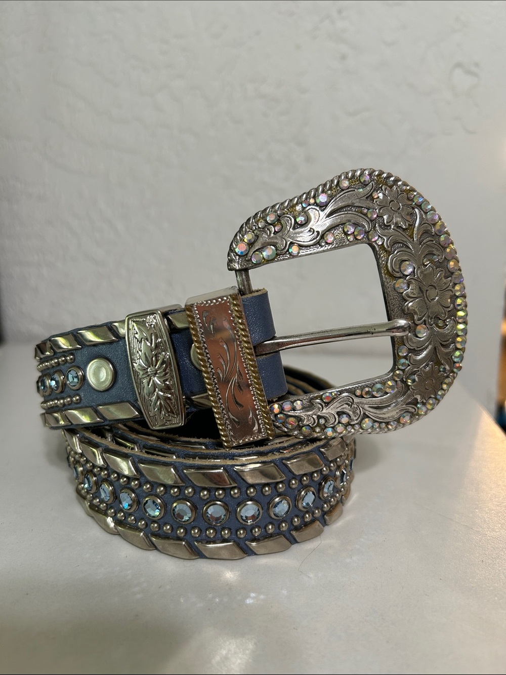 Kippys Navy Blue Western Belt with Silver-Tone Studs & Rhinestones